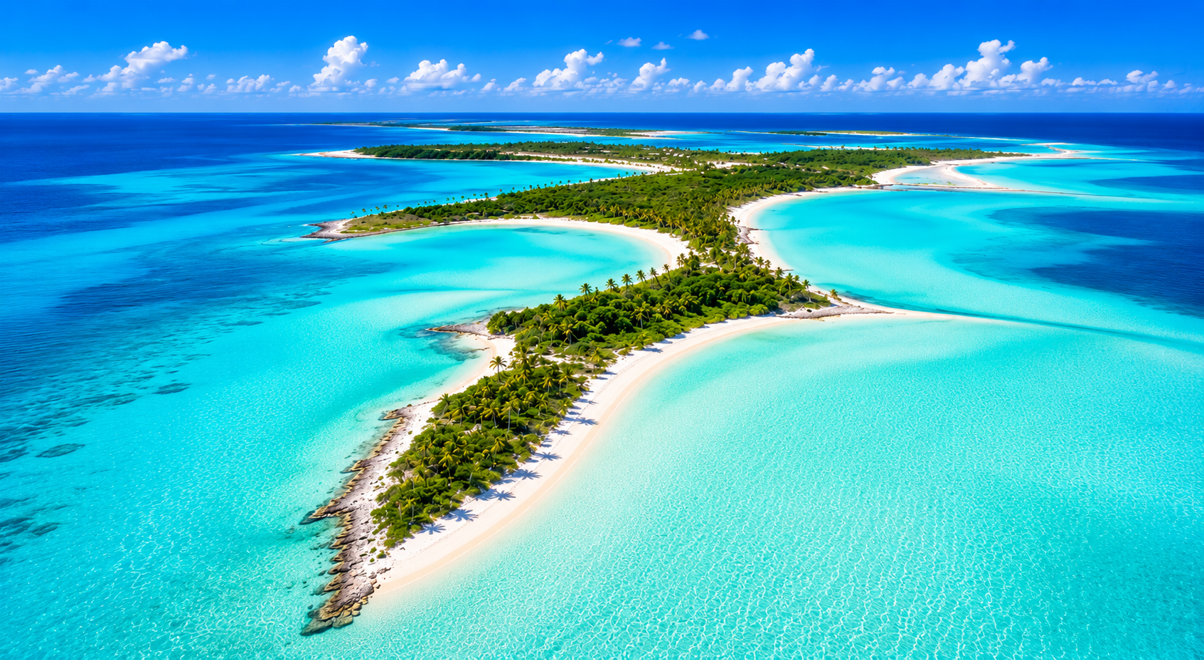 Aerial view of Rose Island, Bahamas — turquoise water and white sand beach
