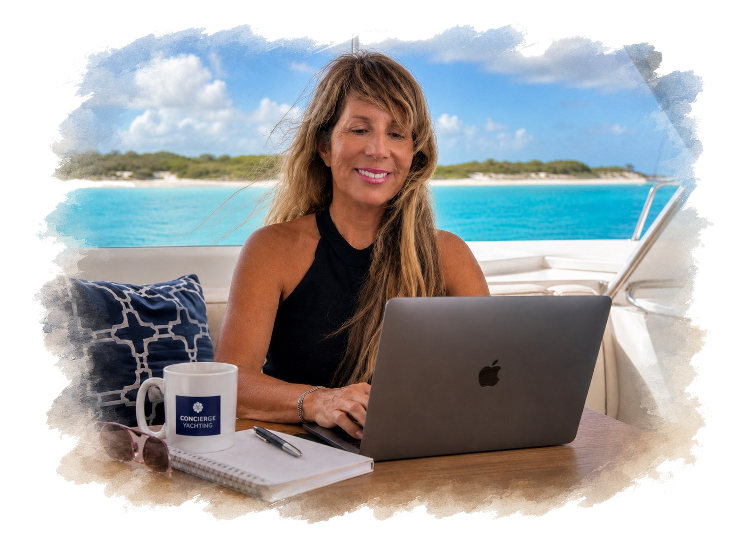 Beth White, Founder of Concierge Yachting, working aboard a luxury catamaran in the Bahamas
